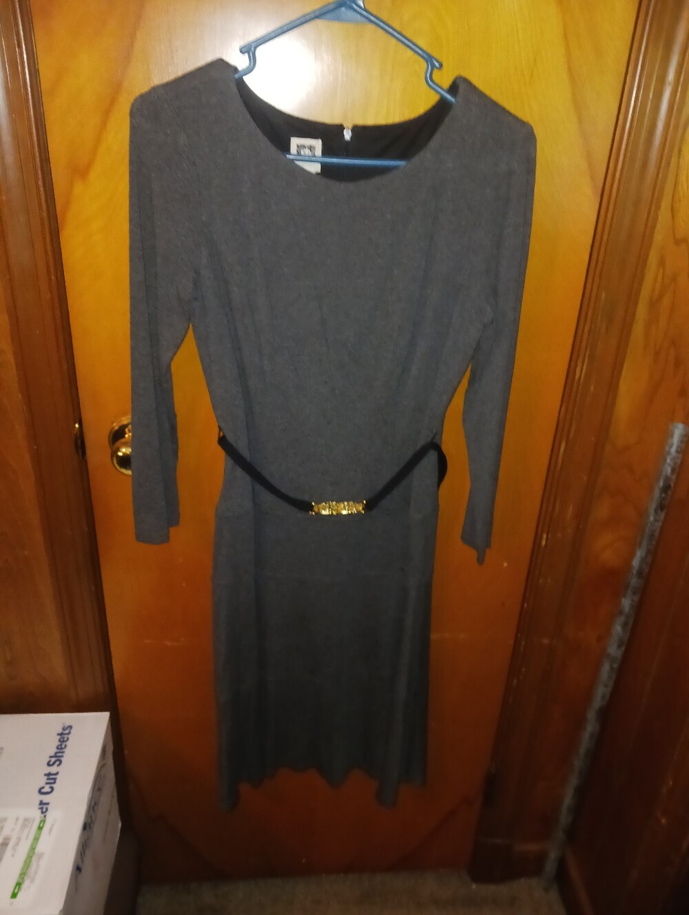 Anne Klein Gray Long-Sleeve Dress with Gold Accent Belt